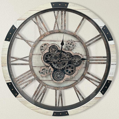 DORBOKER 24" Large Wall Clock with Moving Gears,Oversize Vintage Industrial Rustic Farmhouse Clocks for Living Room Decor Office Home,Solid Wood Retro Metal HD Tempered Glass Cover,Desert Beige