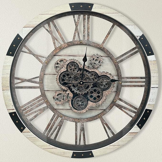 DORBOKER 24" Large Wall Clock with Moving Gears,Oversize Vintage Industrial Rustic Farmhouse Clocks for Living Room Decor Office Home,Solid Wood Retro Metal HD Tempered Glass Cover,Desert Beige
