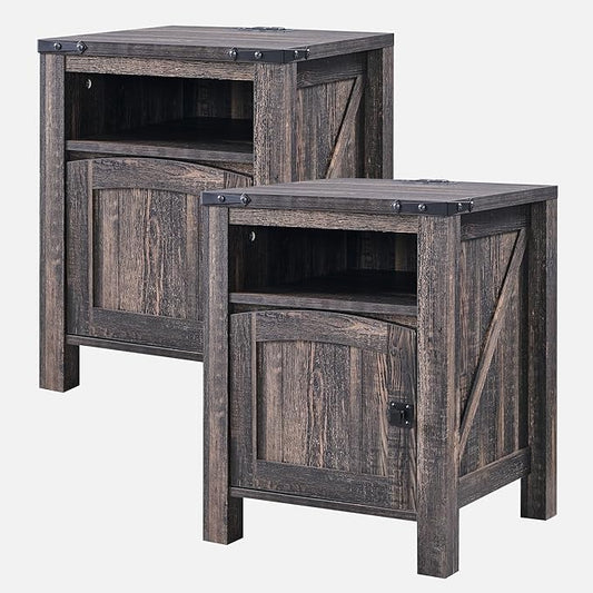 OKD Nightstand with Charging Station Set of 2, 18 Inchs Farmhouse End Table with Adjustable Storage Shelf, Rustic Wood Sofa Side Table for Bedroom