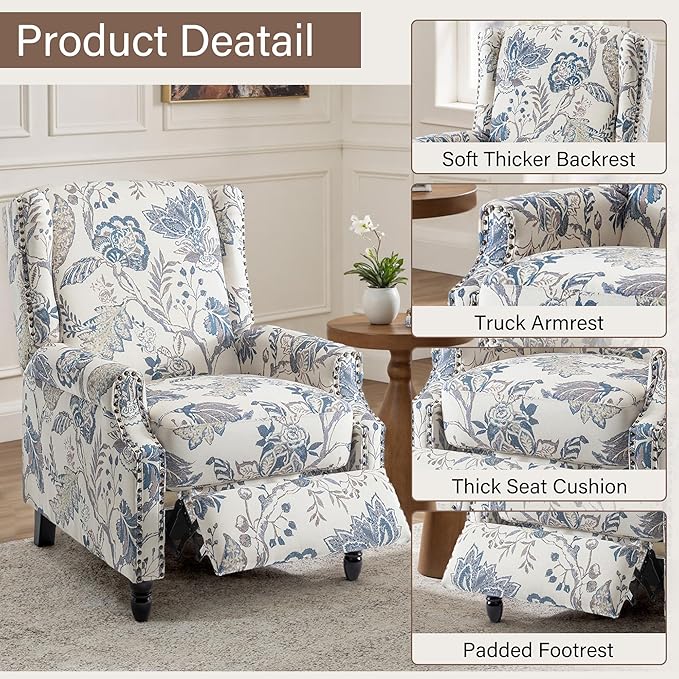 UIXE Floral Pushback Recliner Chairs Set of 2, Fabric Upholstered Armchair Push Back Accent Chair for Living Room, Rivet Trim Club Chair Home Theater Single Sofa Reading Seat - Blue Plants