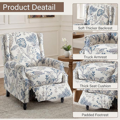UIXE Floral Pushback Recliner Chairs Set of 2, Fabric Upholstered Armchair Push Back Accent Chair for Living Room, Rivet Trim Club Chair Home Theater Single Sofa Reading Seat - Blue Plants