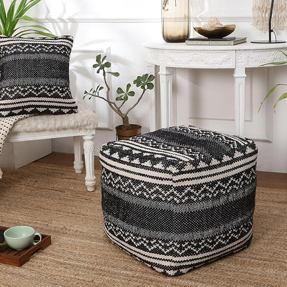 REDEARTH · Tufted Pouf Ottoman with Filler Textured Storage Cube Bean Bag Pouffe Footrest for Living Room, Bedroom, Nursery, Kidsroom; 100% Cotton (17.5"X17.5"X17.5", Ziggurat Obsession Black)