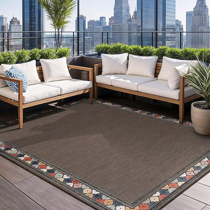 Beverly Rug Outdoor Rug 10x14 Modern Bordered Large Area Rugs for Indoor and Outdoor Patio Easy to Clean Non Shedding Living Room Porch Garden Washable Outside Carpet (10 x 14 Brown)