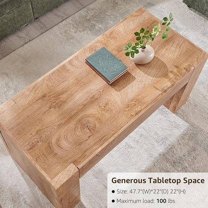 OKD 48" Modern Farmhouse Coffee Table, Wooden Living Room Table with Hidden Storage Drawer, Rustic Rectangular Center Tables w/Wood Thick Design for Living Room, Office, Light Knotty Wood