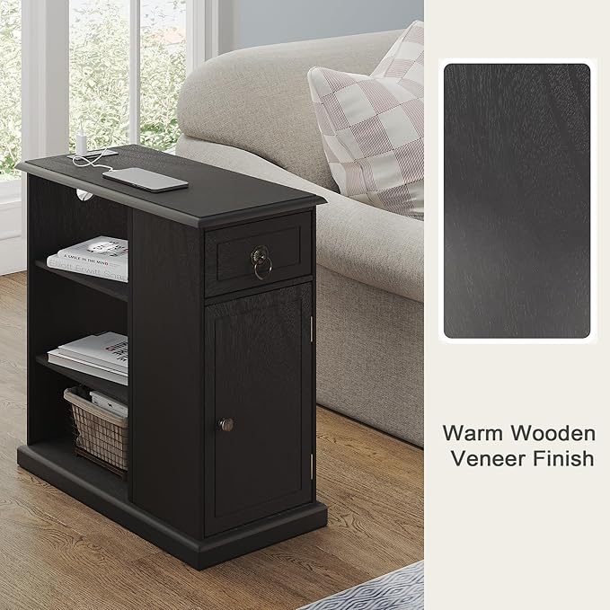 ChooChoo Farmhouse XXL End Table with Charging Station，Narrow Sofa Side Table with Adjustale Shelf, 3 Tier Rustic Night Stand for Small Place Living Room, Charcoal Black