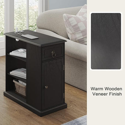 ChooChoo Farmhouse XXL End Table with Charging Station，Narrow Sofa Side Table with Adjustale Shelf, 3 Tier Rustic Night Stand for Small Place Living Room, Charcoal Black