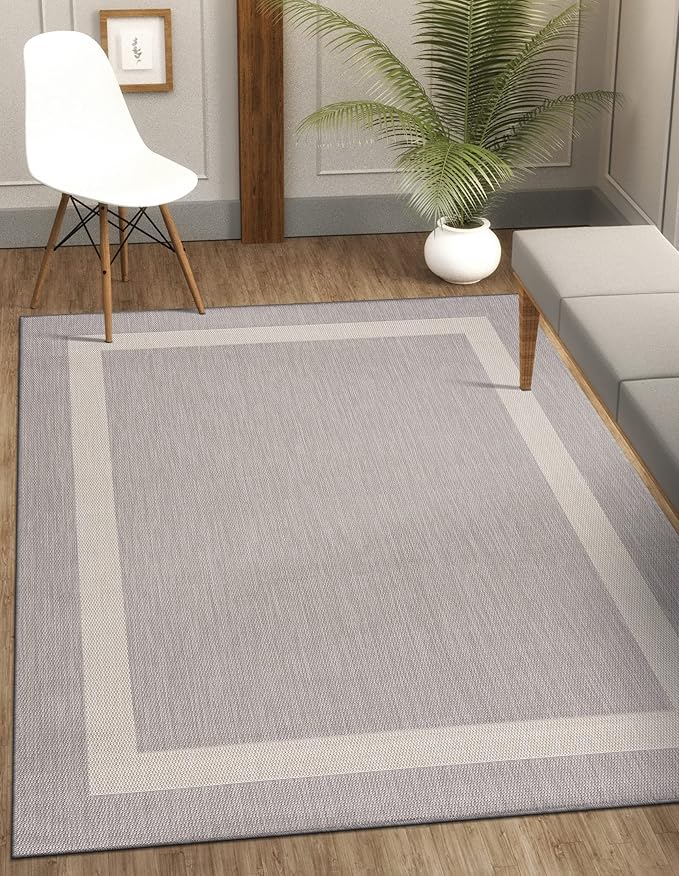 CAMILSON Outdoor Rug 9x12,Large Modern Outside Rugs for Patios Porches Waterproof Durable Washable Non-Shedding, Easy-to-Clean Indoor Outdoor Area Carpet (9 x 12, Bordered - Gray/White)