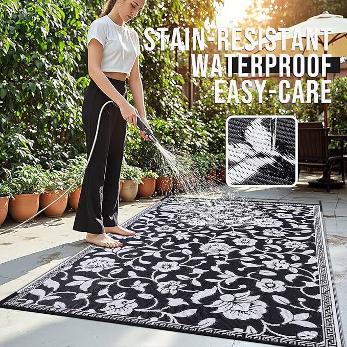 OLANLY Waterproof Outdoor Rug 8x10 ft, Outdoor Plastic Straw Rug with Flower Pattern, Reversible RV Mat for Patio, Camping, Balcony, Deck, Backyard, Black & White