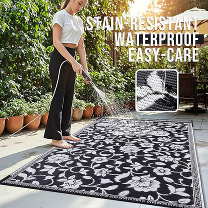 OLANLY Waterproof Outdoor Rug 8x10 ft, Outdoor Plastic Straw Rug with Flower Pattern, Reversible RV Mat for Patio, Camping, Balcony, Deck, Backyard, Black & White
