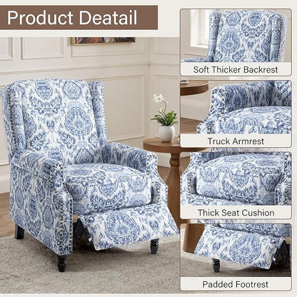 UIXE Floral Pushback Recliner Chair, Fabric Upholstered Armchair Push Back Accent Chair for Living Room, Rivet Trim Club Chair Home Theater Single Sofa Reading Seat - Navy Blue