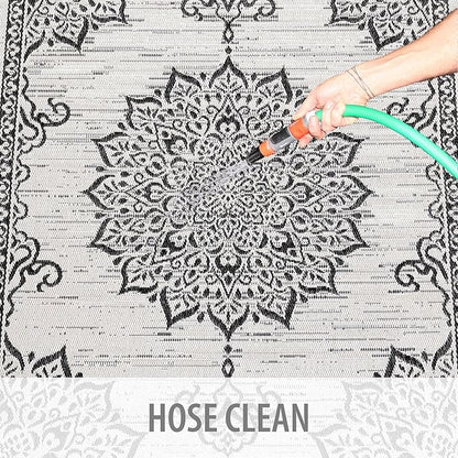 CAMILSON Outdoor Rug, 5x7 Medallion White Black Modern Area Rugs for Indoor and Outdoor Patios, Kitchen and Hallway Mats, Washable Porch Deck Outside Carpet (Medallion White, 5 x 7)