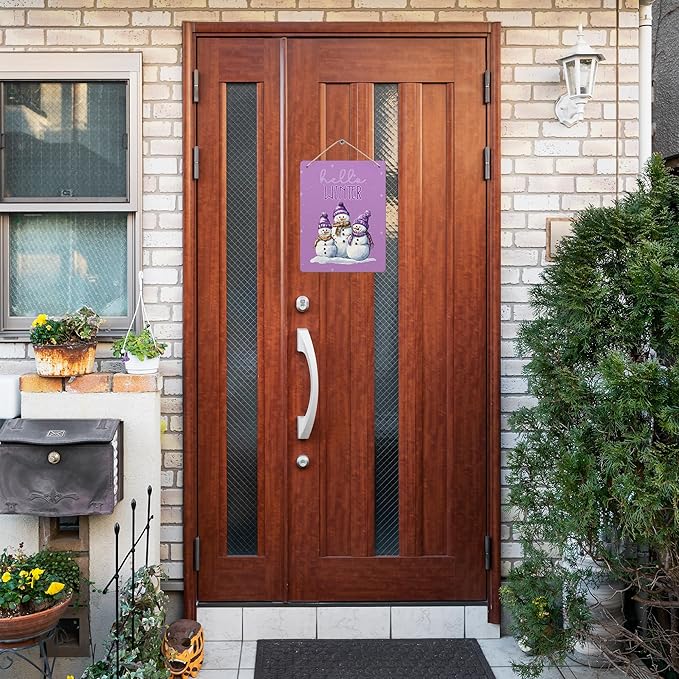 Purple Hello Winter Snowman Hanging Wooden Signs 10x8, Snowman Winter Signs, Winter Door Sign, Purple Snowman Winter Snowflakes Home Room Office Hanging Wall Decor