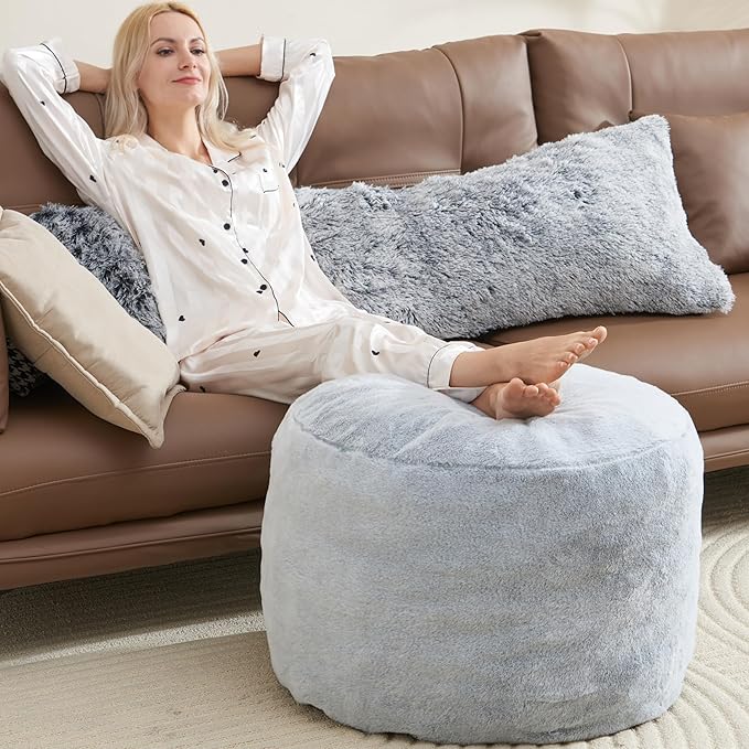 Boho Ottoman Living Room Furniture 26"x18" Large Round Ottomans Pouf Couch Foot Rest Grey Pouf Ottoman Foot Rest with Foam Chunk Filling Pouffe Ottomans Stuffed Foot Rest Poufs for Couch