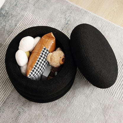 ONEVOG Sherpa Storage Ottoman, Foot Rest Stool Seat for Living Room, Black Vanity Foot Pouf, Tufted Footstool with Removable Lid for Dorm, Bedroom