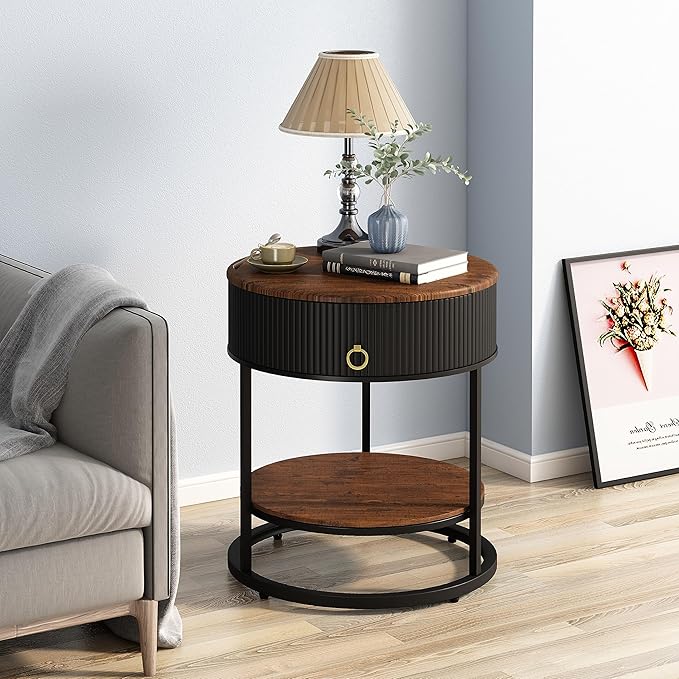OIOG Round End Table with Drawer, Modern Wood Grain Side Table with Shelf, 2-Tier Nightstand with Drawer for Living Room, Bedroom, Rustic Brown and Black