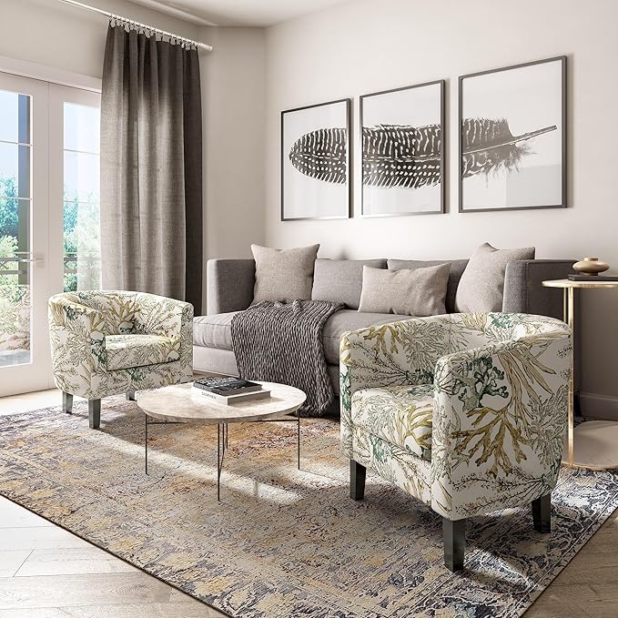 BELLEZE Living Room Chair, Linen Round Accent Barrel Chair, Club Tub Sofa Chair for Bedroom, Corner Chair with Flared Legs and Cozy Soft Padding - Highland (Green Coral)