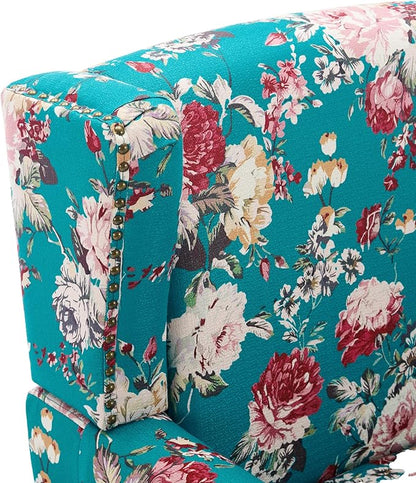 UIXE High Back Floral Accent Chair, Upholstered Armchair in Fabric, Retro Printed Wingback Arm Chair for Living Room, Nailhead Trim Single Sofa Bedroom Reading Seat - Peacock Blue