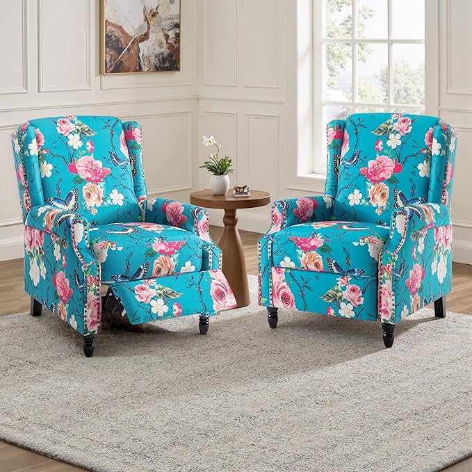 UIXE Floral Pushback Recliner Chairs Set of 2, Fabric Upholstered Armchair Push Back Accent Chair for Living Room, Rivet Trim Club Chair Home Theater Single Sofa Reading Seat - Peacock Blue