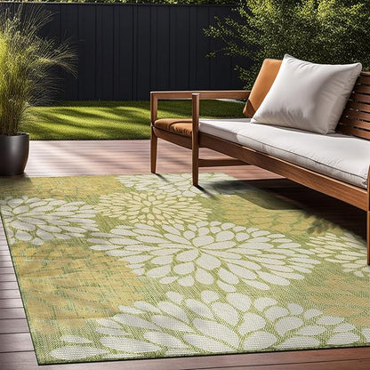 Beverly Rug Outdoor Rug 10x14 Modern Exotic Tropical Leaf Area Rugs for Indoor and Outdoor Patio Deck Porch Garden Water Resistant Washable Outside Carpet (10 x 14 Green)