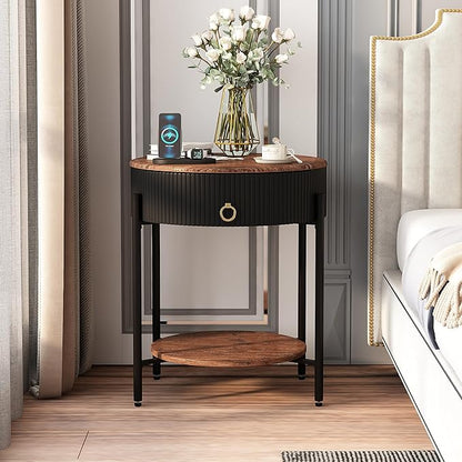 OIOG Modern Side Table with Drawer, Industrial 2 Tier End Table with Shelf, Wood Grain Nightstand with Storage for Living Room, Bedroom, Office, Dorm, Black