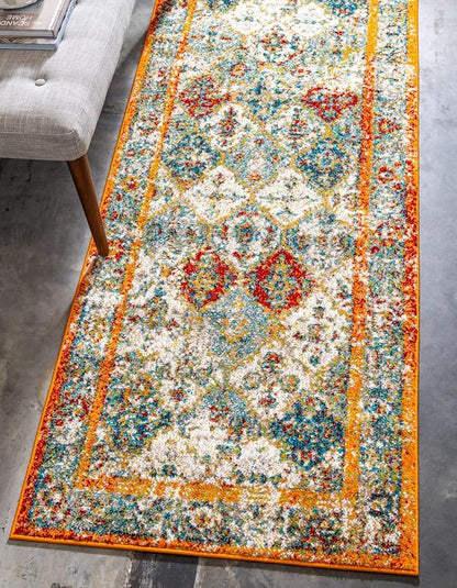 Unique Loom Rosso Collection Vintage, Traditional, Bohemian, Geometric, Distressed, Southwestern Area Rug (2' 7 x 10' 0 Runner, Beige/Orange)