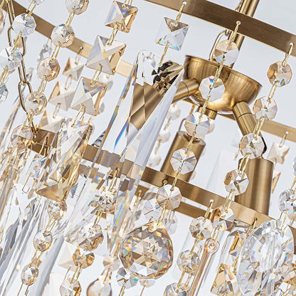 3-Lights K9 Crystal Chandeliers, Luxury Vintage Pendant Light Fixture for Dining Room, Living Room, D15*H20.4~66.8 inch (Adjustable), Clear Crystal & Gold Finish