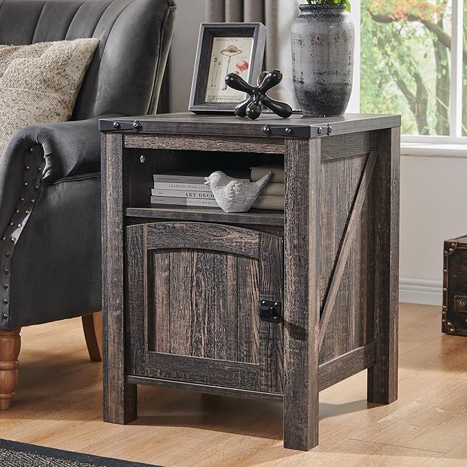 OKD Nightstand with Charging Station Set of 2, 18 Inchs Farmhouse End Table with Adjustable Storage Shelf, Rustic Wood Sofa Side Table for Bedroom