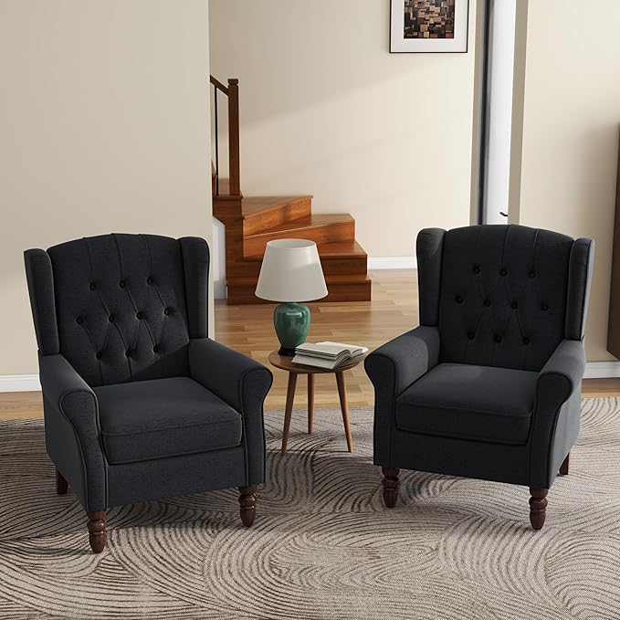 UIXE High Back Accent Chairs Set of 2, Upholstered Armchair in Fabric, Retro Wingback Arm Chair for Living Room, Comfy Single Sofa Bedroom Reading Seat with Solid Wood Legs - Black Blue
