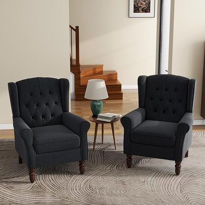 UIXE High Back Accent Chairs Set of 2, Upholstered Armchair in Fabric, Retro Wingback Arm Chair for Living Room, Comfy Single Sofa Bedroom Reading Seat with Solid Wood Legs - Black Blue