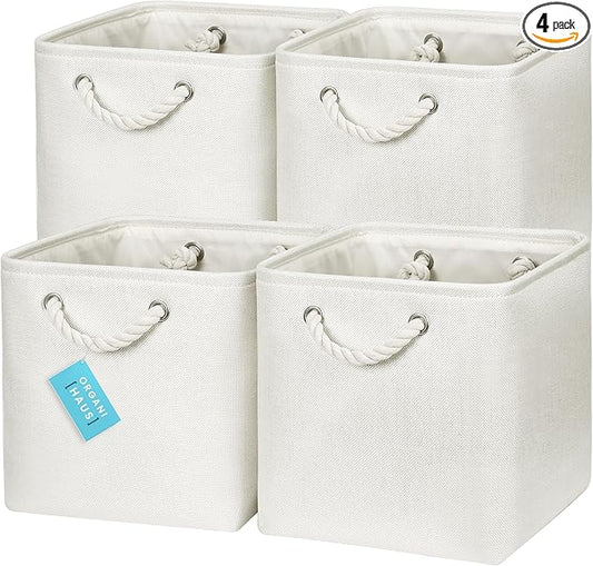 OrganiHaus 11x11 Cube Storage Bins 4 Pack, Foldable Cube Storage Organizer w/ Rope Handles, Collapsible Fabric Bins for Toys, Clothes & Closet Organization, Fabric Square Baskets - Off-White
