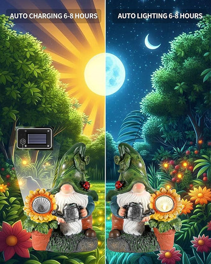 Solar-Powered Large Garden Gnome Watering Can Sunflower - 12 in Garden Decor Gnomes Decorations for Yard Lawn Ornaments Outside Statue Figurine LED Lights (Gnome)