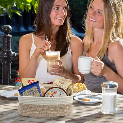 Small Woven Storage Baskets 13“X9”X5“ Decorative Rope Bins for Organizing Shelves, Closets, and Toys, Empty Gift Baskets, Cute Organizer Basket for Home and Office (white and brown, Large)