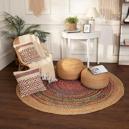 REDEARTH · Jute Circular Low Pouf Ottoman - Braided Pouffe Accent Sitting Round Footrest for Living Room, Bedroom, Nursery, kidsroom, Patio, Gym; 100% Jute (18"x18"x10"; Natural)