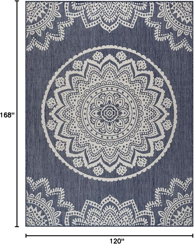 CAMILSON Outdoor Rug 10x14 Modern Area Rugs for Large Indoor and Outdoor Patios and Porches - Waterproof Washable Non-Shedding Easy-to-Clean Outside Carpet (10 x 14, Medallion - Blue/White)