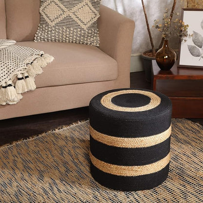 REDEARTH · Cylindrical Pouf Foot Stool Ottoman - Jute Braided Pouffe Poof Accent Sitting Footrest for The Living Room, Bedroom, Nursery, Patio, Lounge & Other Rooms (14.5”x14.5”x16”; Black Natural)