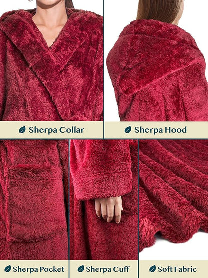 PAVILIA Women Hooded Plush Soft Robe | Fluffy Warm Fleece Sherpa Shaggy Bathrobe