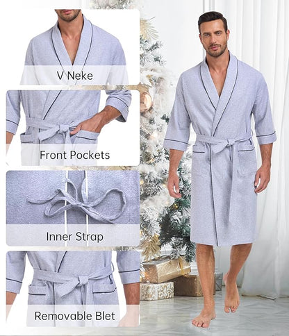 COLORFULLEAF Men's Bathrobes 100% Cotton Soft Comfort Breathable Short Sleeve Summer Kimono Mens Lightweight Robe