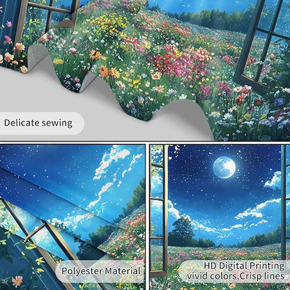 LB Wildflower Moon Tapestry, Green Plant Outside Window and Colorful Floral Wall Tapestry for Bedroom, Garden Wall Art for Living Room Dorm Home Decor Ready to Hanging, 80 x 60 Inches