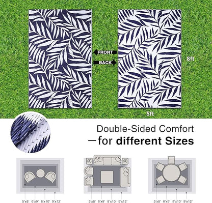OLANLY Waterproof Outdoor Rug 5x8 ft, Reversible Outdoor Plastic Straw Rug with Leaf Pattern, RV Mat, Indoor Outdoor Carpet for Patio, Camping, Balcony, Deck, Backyard, Navy & White