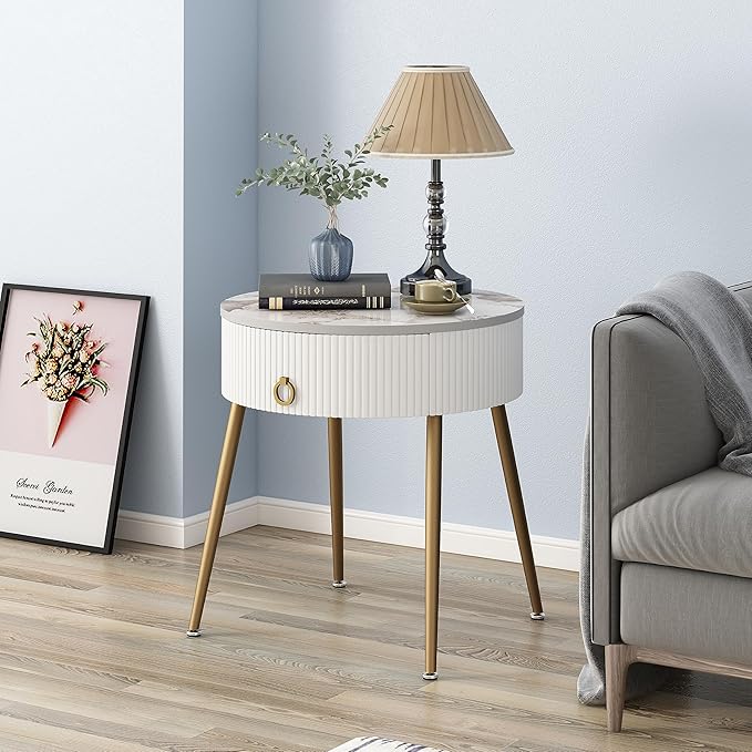 OIOG Round Nightstand with Drawer, Modern Side Table with Marbling Natural Stone Tabletop and Metal Legs, Small End Table with Storage for Living Room and Bedroom, Gold