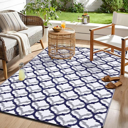 OLANLY Reversible Outdoor Rug 8x10 ft Clearance, Waterproof Outdoor Plastic Straw Rug with Interlacing Pattern, RV Mat for Patio, Camping, Balcony, Deck, Backyard, Navy & White
