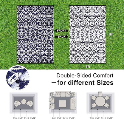OLANLY Outdoor Rug Waterproof 6x9 ft Clearance, Reversible Outdoor Plastic Straw Rug with Floral Pattern, RV Mat for Patio, Camping, Balcony, Deck, Backyard, Navy & White