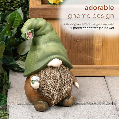 Alpine Corporation QWR1442 Outdoor Gnome with Green Hat Holding a Flower for Garden, Patio, and Lawn, 10" H, Multicolor