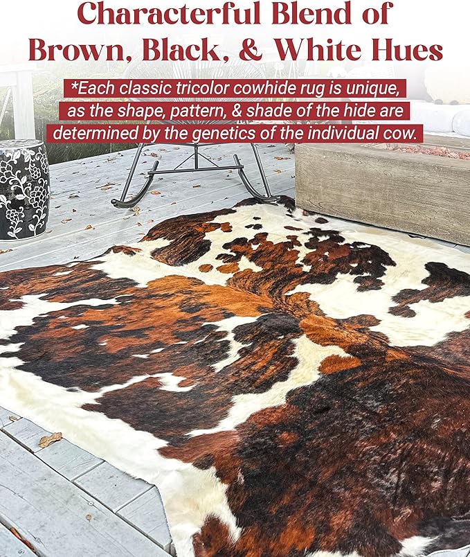 Tricolor Cowhide Rug Classic Brown, Black and White Color Mix, Natural Leather Hide, Area Rug (5x7 ft)