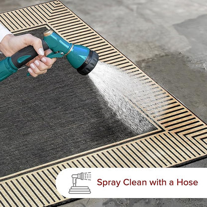 nuLOOM 2' x 8' Outdoor Area Rug, Casual Design With Striped Border, Stain Resistant, Highly Durable, For Patio, Balcony, Bedroom, Living Room, Dining Room, Bathroom, Dark Grey