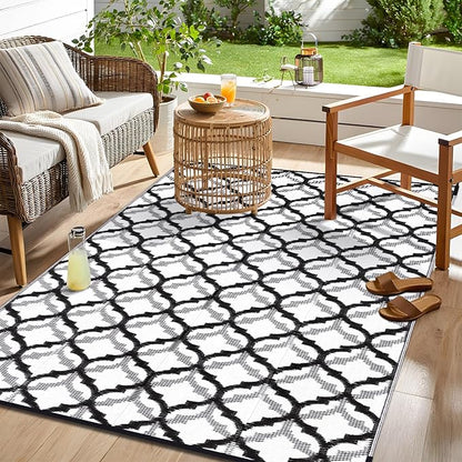 OLANLY Reversible Outdoor Rug 6x9 ft Clearance, Waterproof Outdoor Plastic Straw Rug with Interlacing Pattern, RV Mat for Patio, Camping, Balcony, Deck, Backyard, Black & White