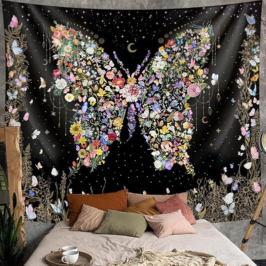 Damanse Butterfly Tapestry Wall Hanging Cute,Boho Wall Tapestry for Bedroom Aesthetic,Flower Living Room Decor for Teen Girls (Black, 59.80" x 78.70")