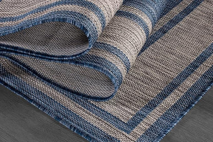 Beverly Rug Large Outdoor Rug 9x12 Modern Bordered Area Rugs for Indoor and Outdoor Patio Deck Porch Garden Waterproof Weather Sun Resistant Washable Outside Carpet (9 x 12 Navy)