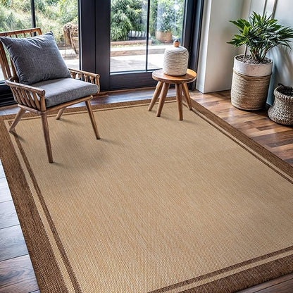 CAMILSON Outdoor Rug 5x7 Bordered Natural Brown Modern Area Rugs for Indoor and Outdoor Patios, Kitchen and Hallway Mats, Washable Porch Deck Outside Carpet (Border Jute, 5 x 7)