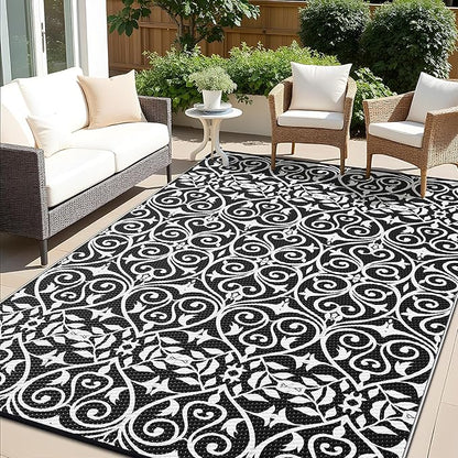 OLANLY Outdoor Rug Waterproof 6x9 ft Clearance, Reversible Outdoor Plastic Straw Rug with Floral Pattern, RV Mat for Patio, Camping, Balcony, Deck, Backyard, Black & White